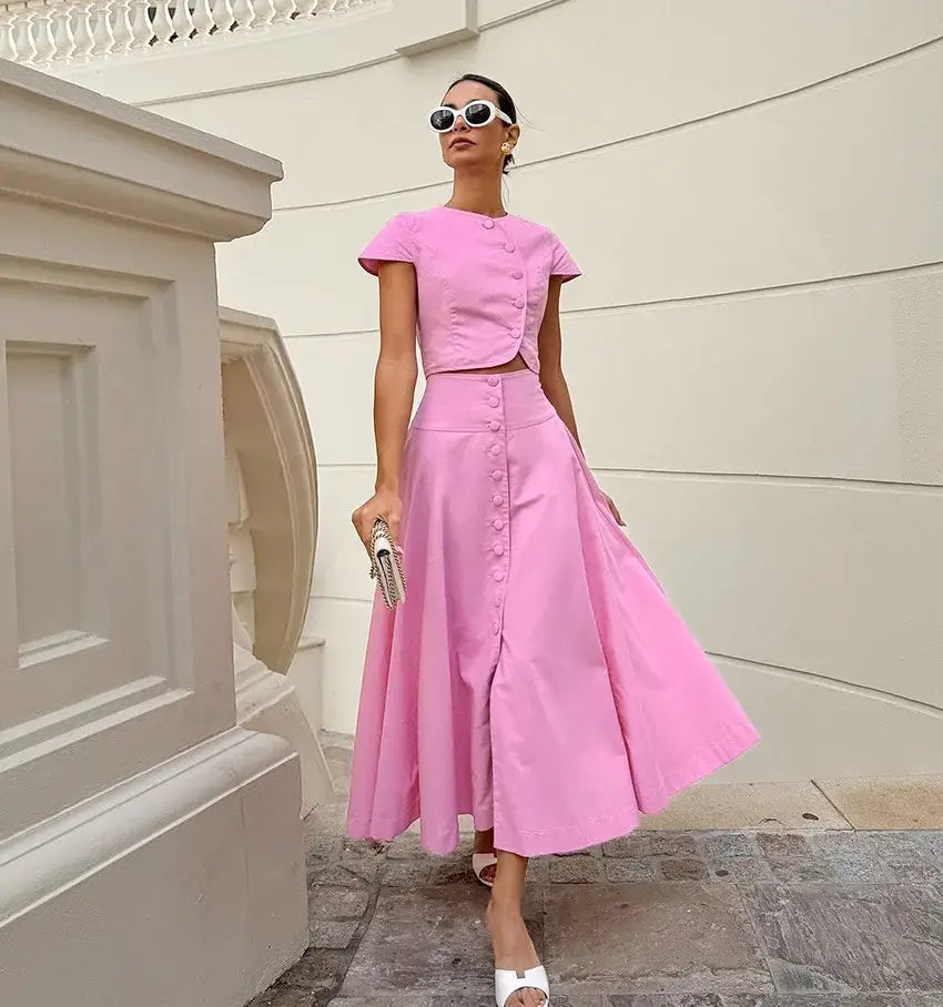 Pink Long Skirt Two Piece Elegant Shirt Button Top Loose A-Line Set