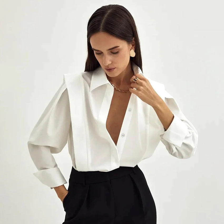 Elegant Cotton Lapel White Shirts Female
