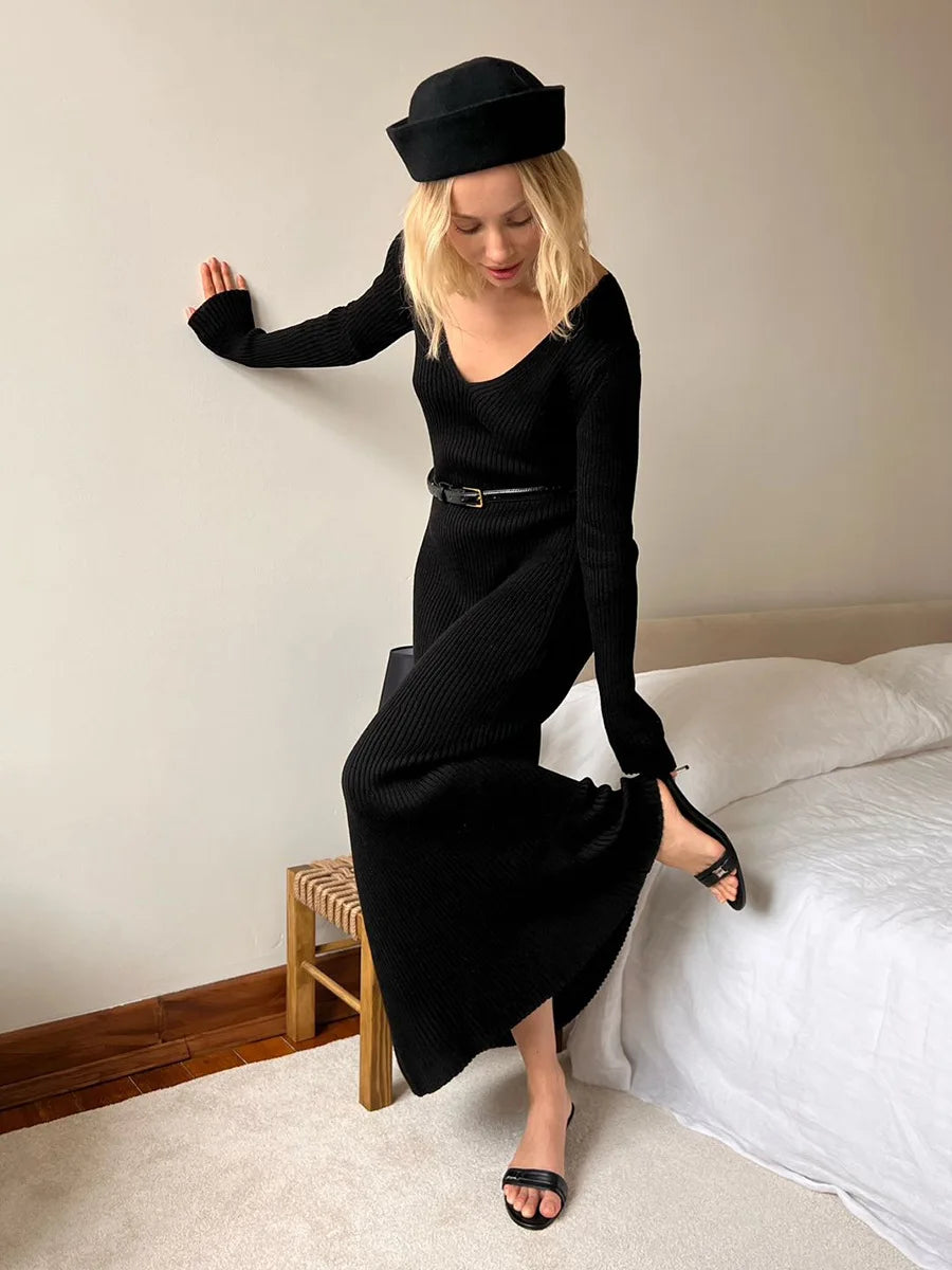 Women’s Long Sleeve V-neck Slim Bodycon Knitted Maxi Dress