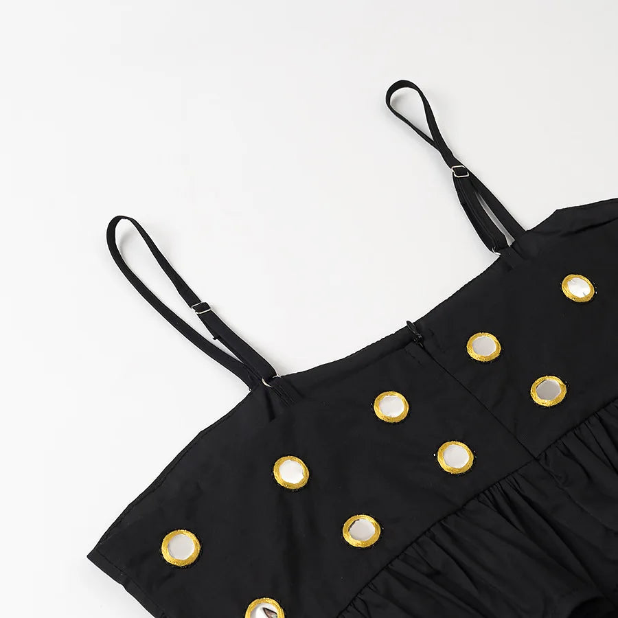 Women Metal Hollow Pleated Suspender Skirt Suit