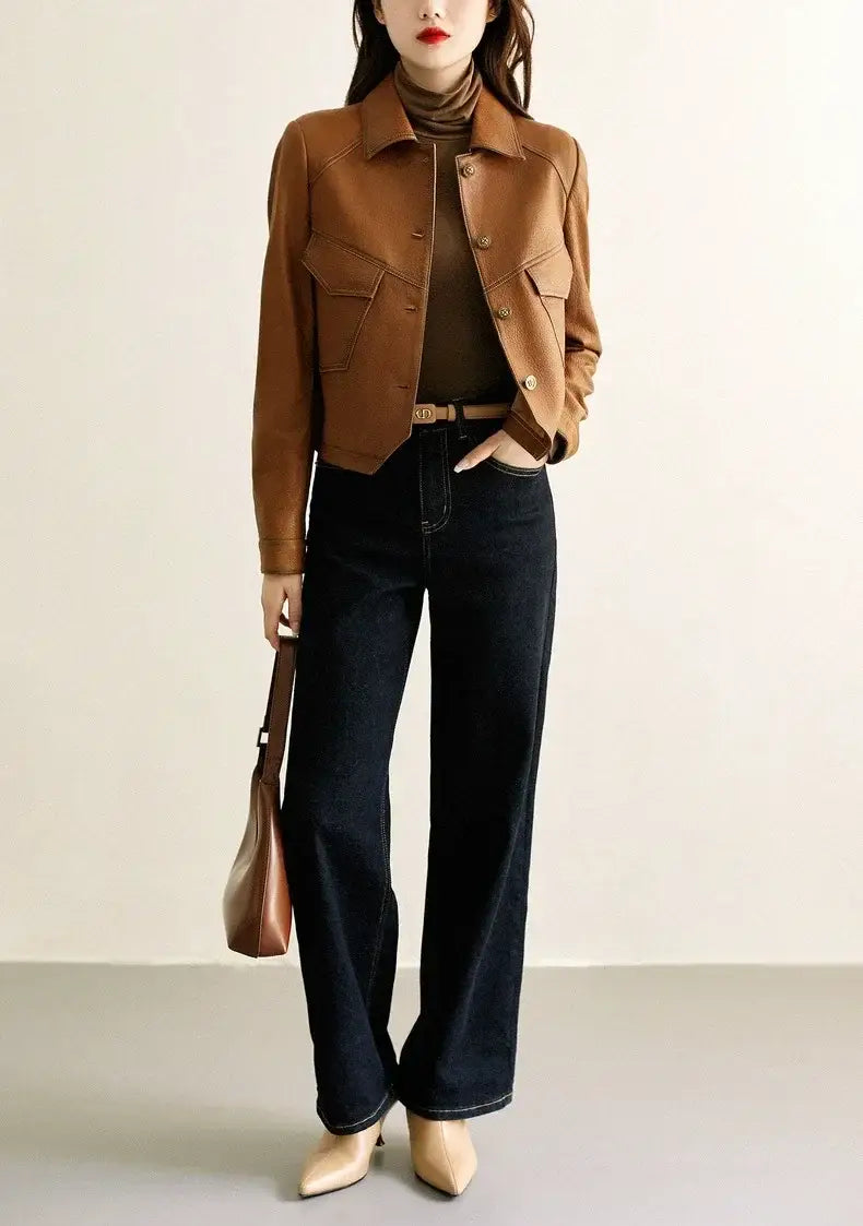 Single Breasted Leather Jacket Women’s Short Slim Fit Motorcycle