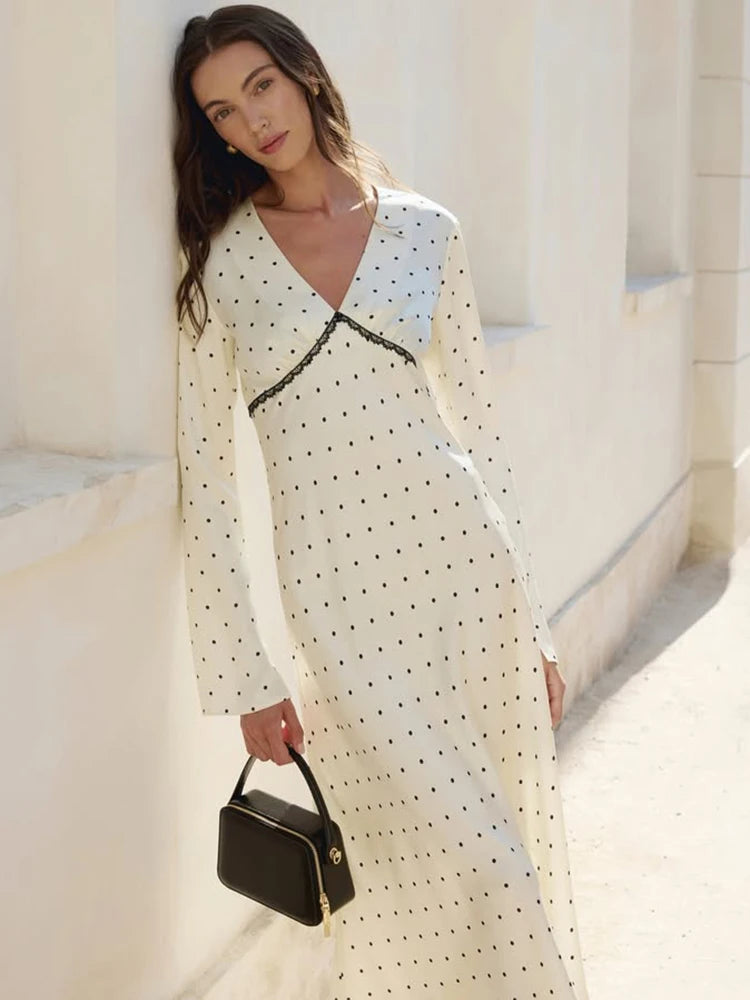 V-neck Printed Polka Dot Women Maxi Dress