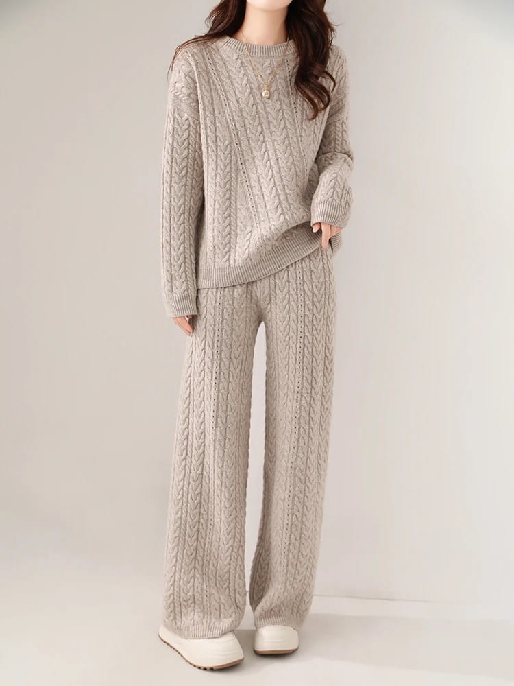 100% Wool Suit Women’s Pullover Sweater Knitting O-neck Wide Leg Pant
