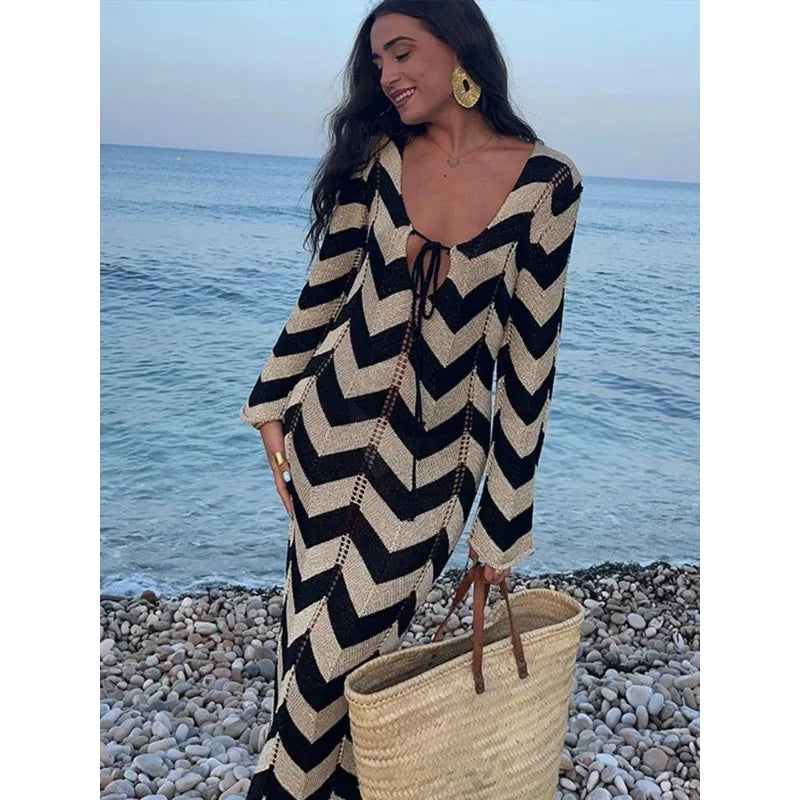 Striped Knitted Hollow Out Maxi Dress Women - Norellé