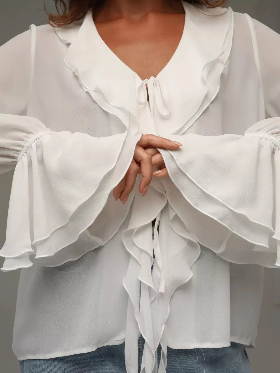 Elegant White Chiffon Ruffle Shirt Women