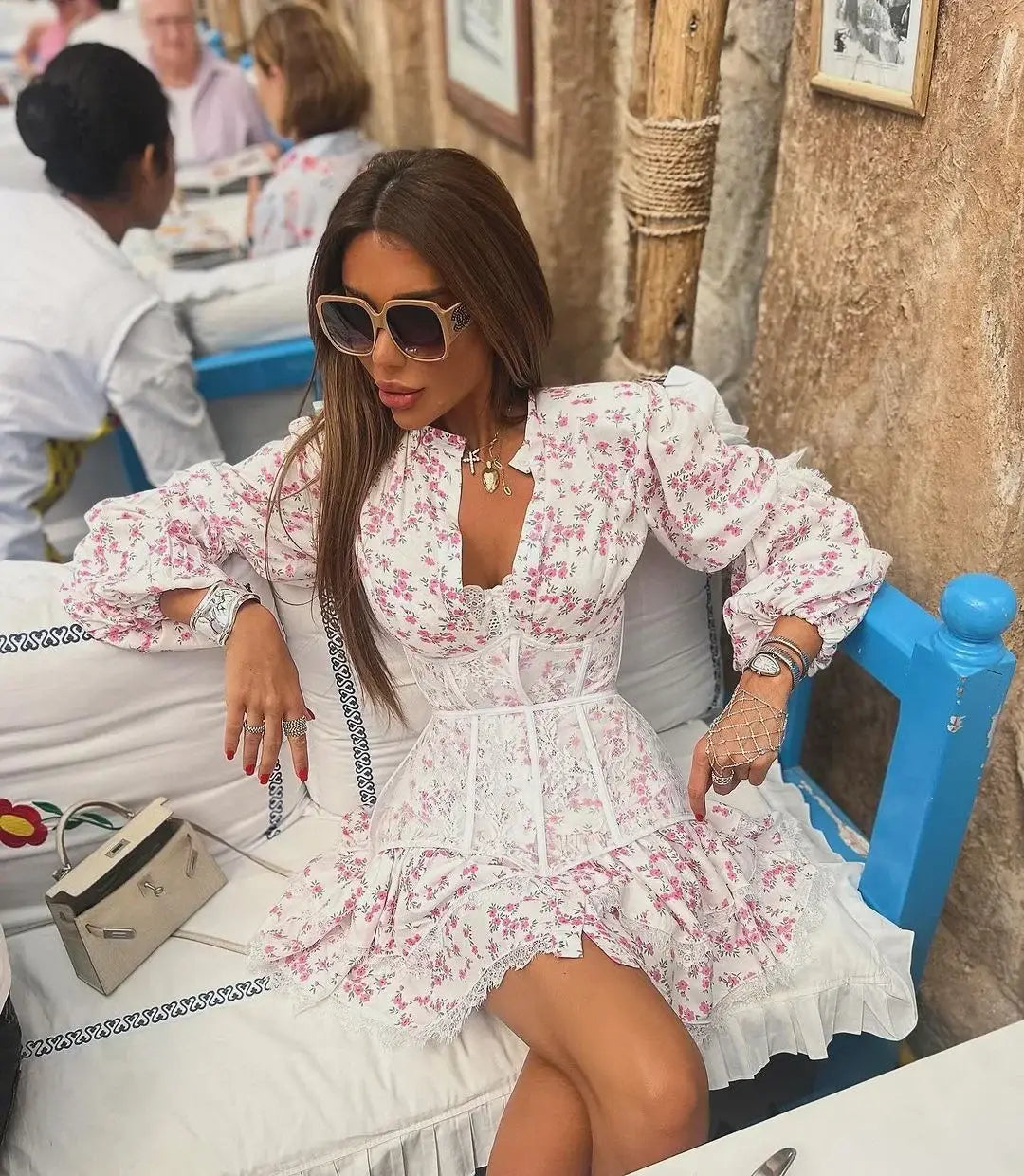 V-Neck Printed Mini Lace Dress Female Ruffled High Waist Long Sleeve