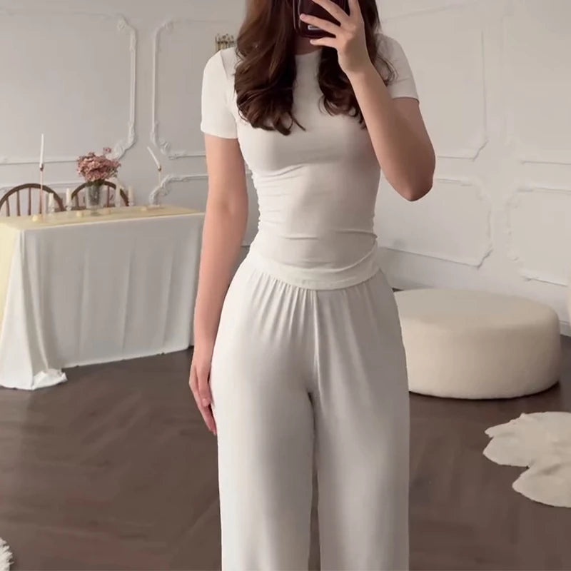 Casual Long Pants Suits Women O-neck Short Sleeve T-shirt Elastic Waist Trousers Set