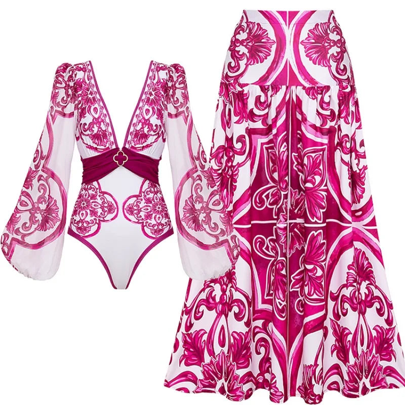 Women One Piece Swimsuit and Skirt Flaxmaker Long-sleeved - Norellé