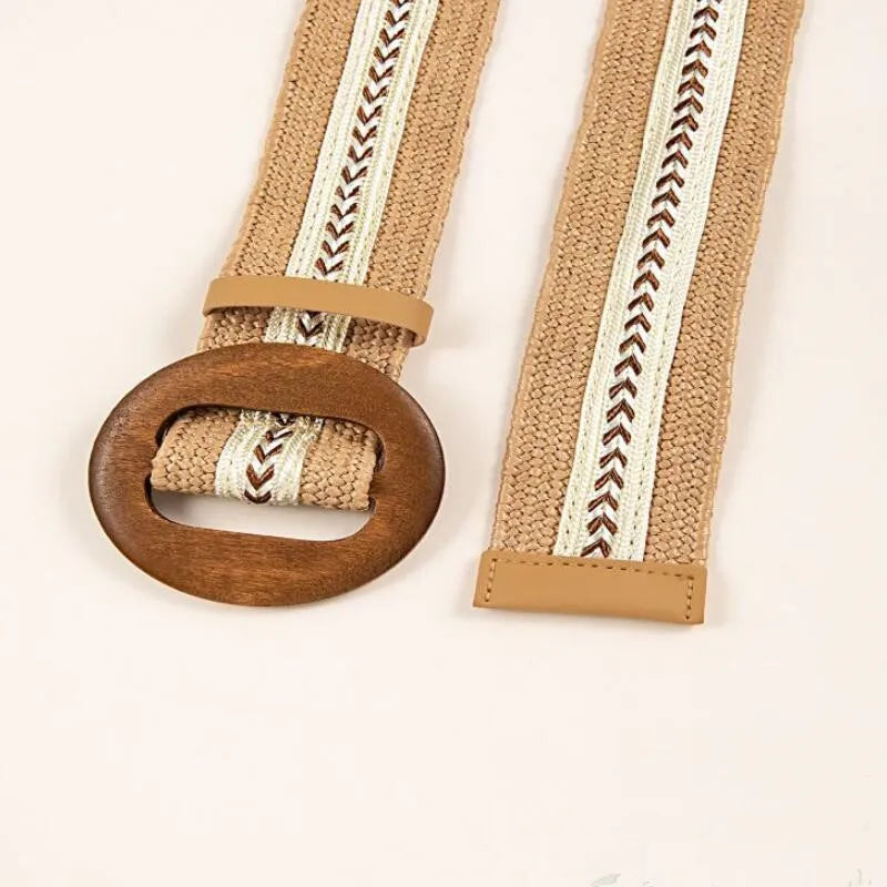 Patchwork Round Wood Buckle Women Belt