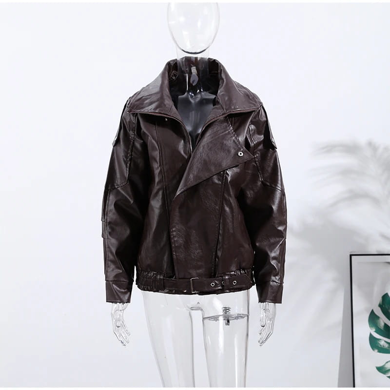 Retro PU Leather Stand Collar Jacket Women