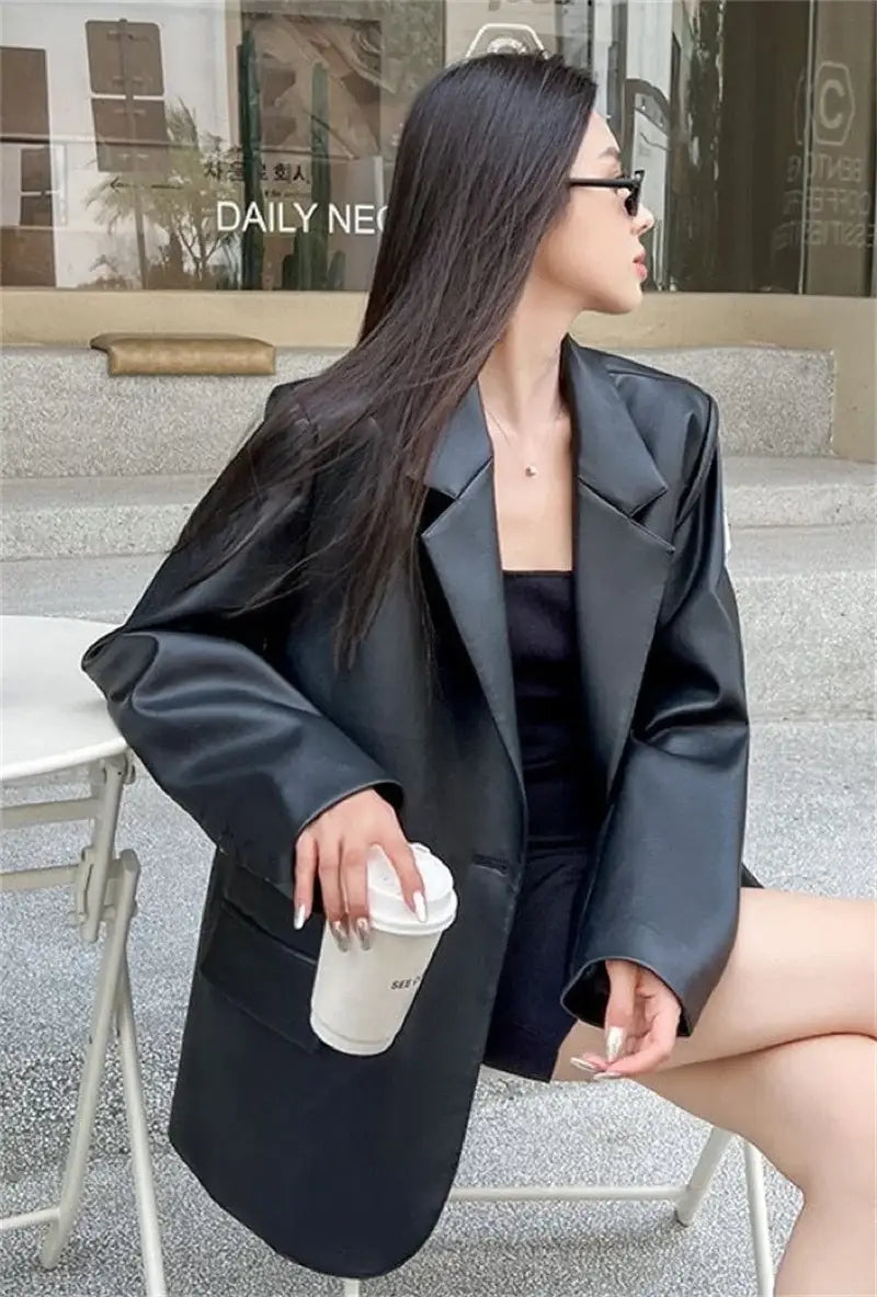 Women Black Soft PU Leather Blazer