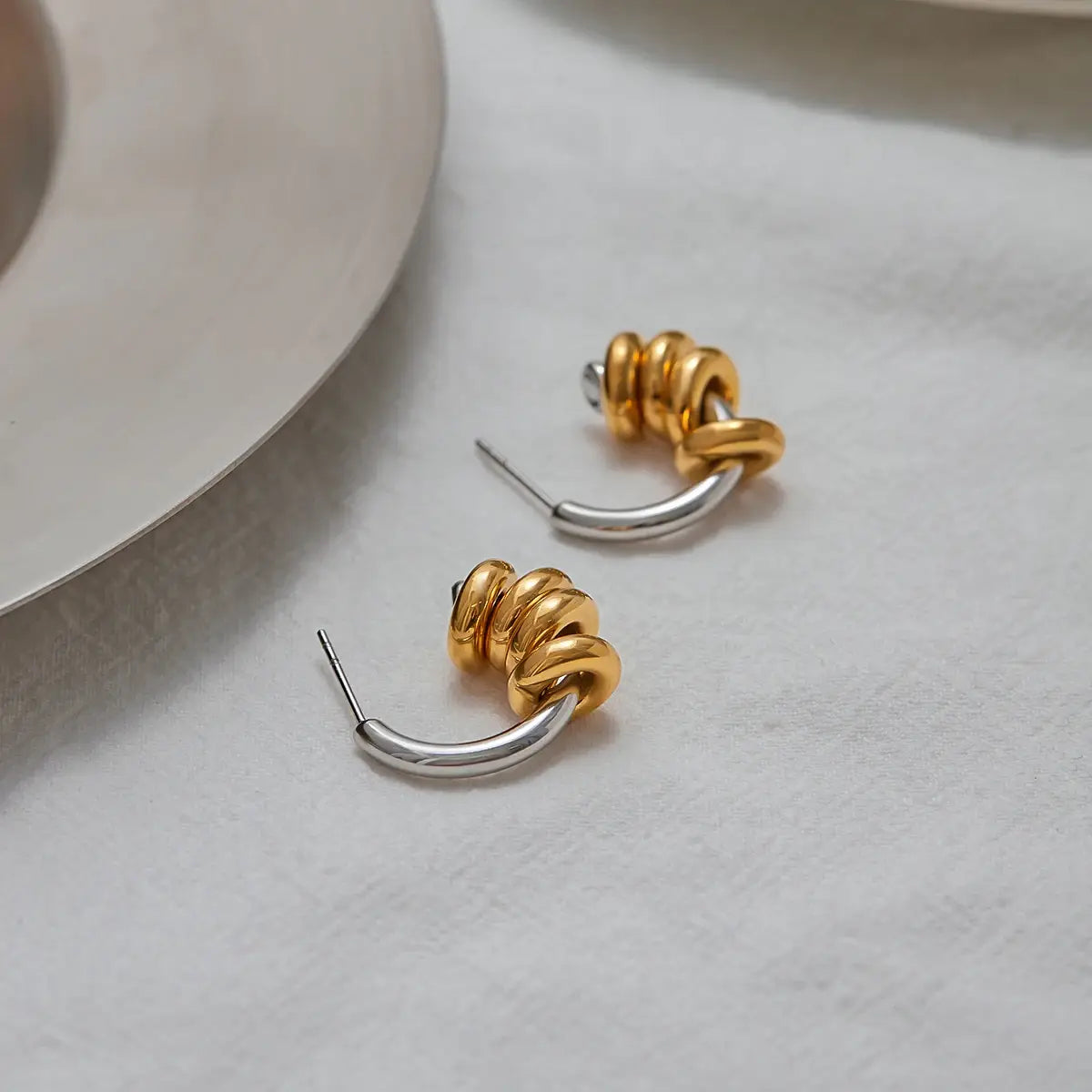 Simple Classic Two tone Multi ring C-shaped Hollow Earrings Stainless Steel