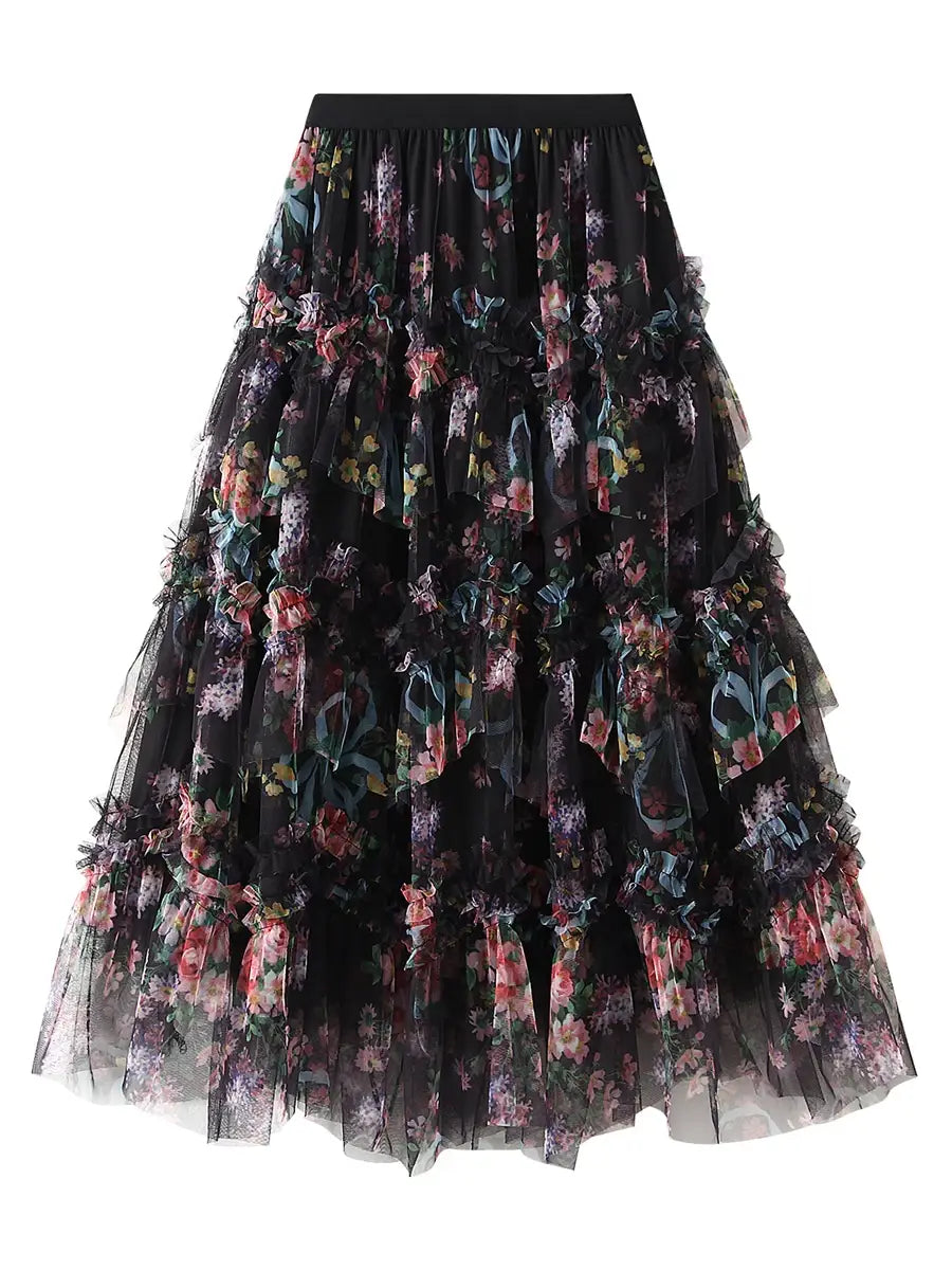 Floral Print Ruffle Mesh Skirt Women