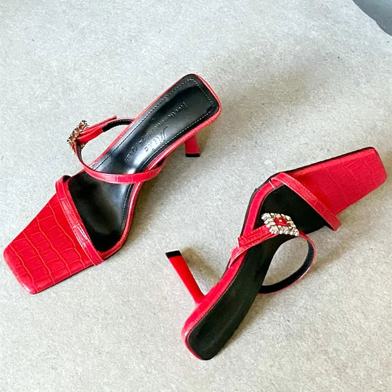 Rhinestone Buckle Women Sandals Square Toe