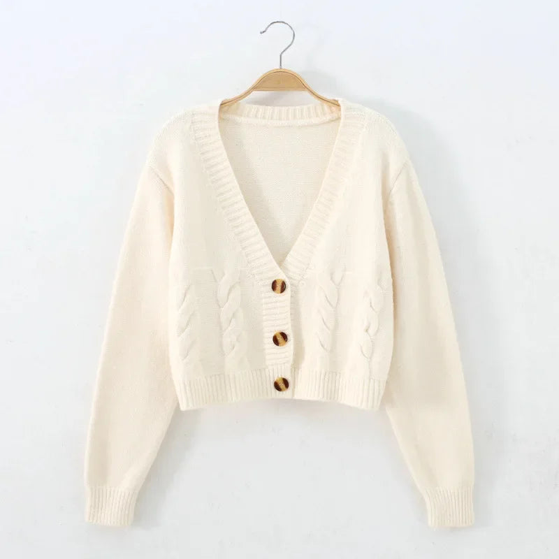 V Neck Cropped Cardigan Women Long Sleeve Twist Knitted Sweater Coats - Norellé