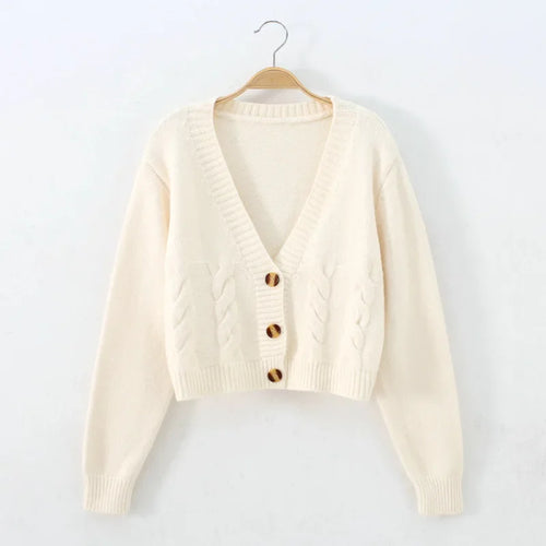 V Neck Cropped Cardigan Women Long Sleeve Twist Knitted Sweater Coats - Norellé