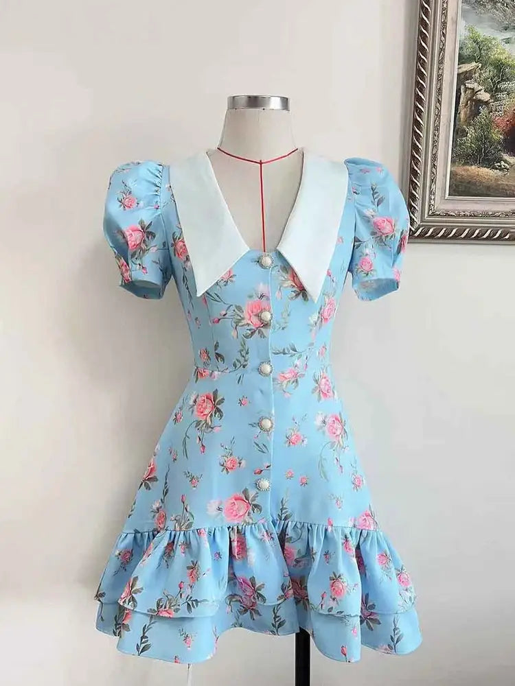 Print Puff Sleeves Ruffled Dress