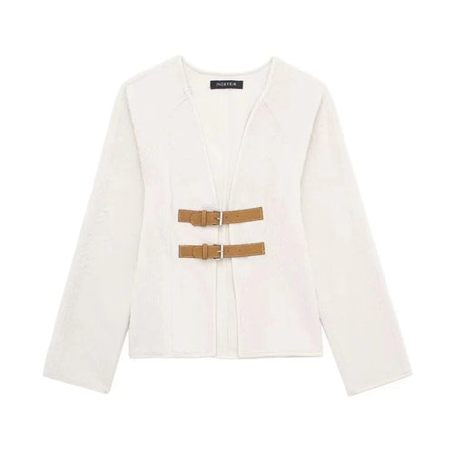Woman Vintage White Leather Buckle Woolen Jacket Female - Norellé