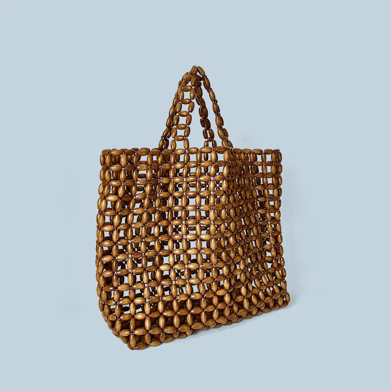 Summer Women’s Handwoven Totes Beach Holiday Hollowed-Out Wooden Beaded Bag