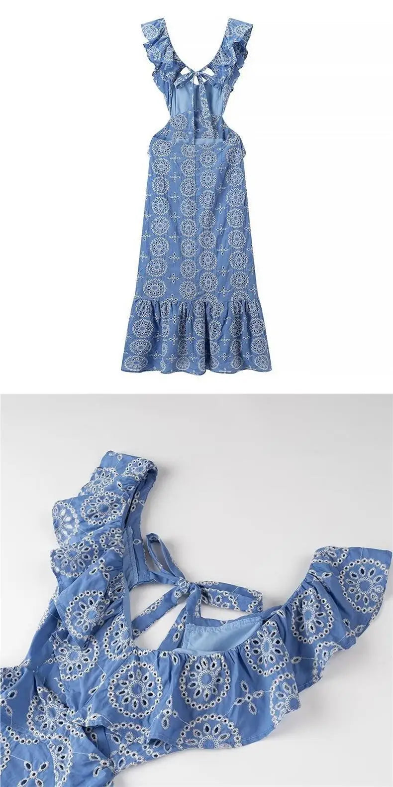 Elegant Cotton Embroidered Layered Decorated Midi Dress