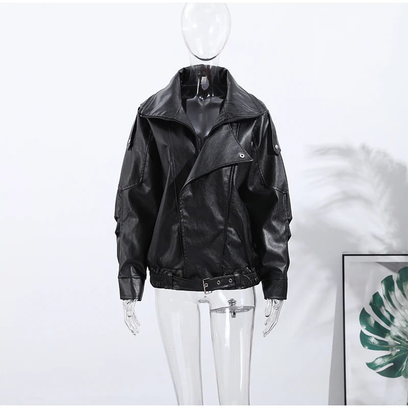 Retro PU Leather Stand Collar Jacket Women