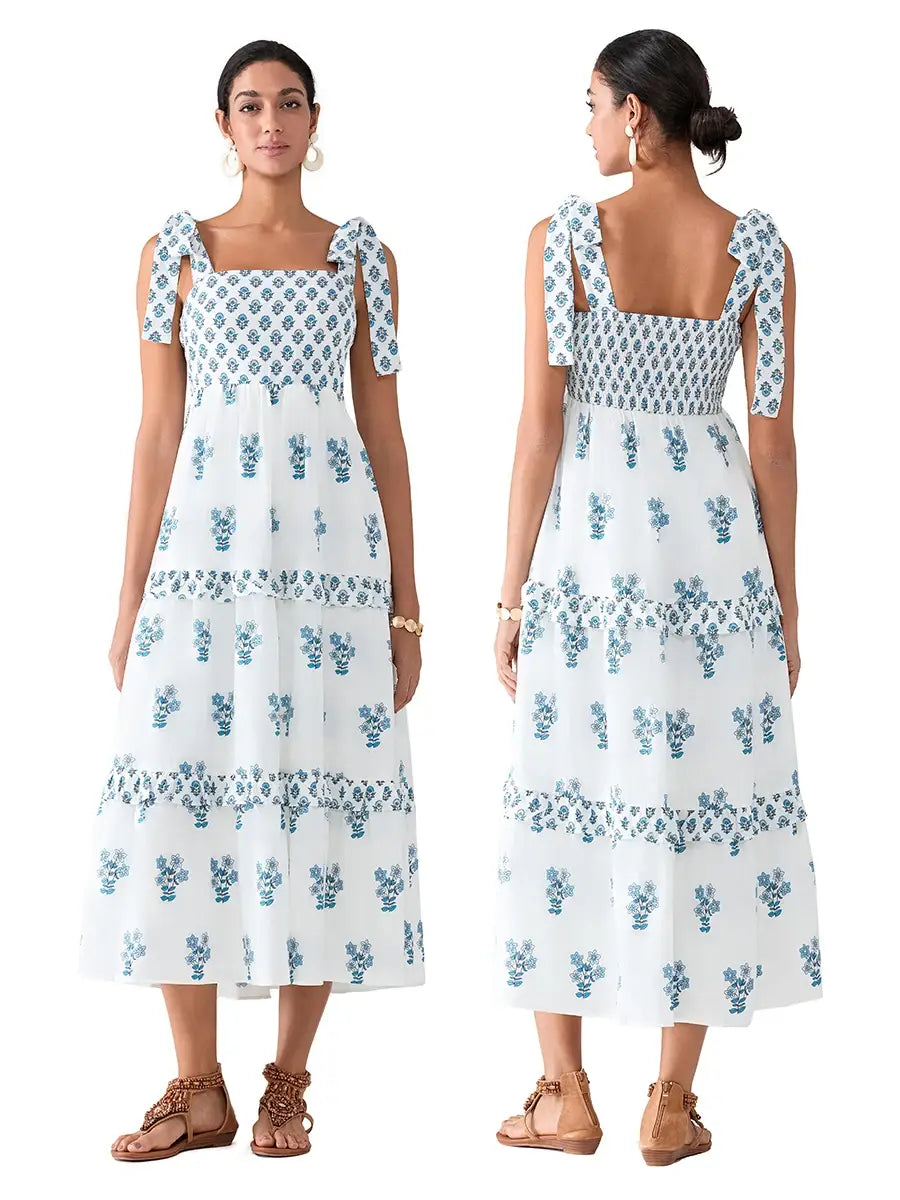 Flower Print Tie Strap Swing Dress Women A-Line Square Neck