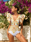 Ruffle V Neck  Golden Print One Piece Swimsuit and Shorts Women Beachwear Bathing Suit - Norellé