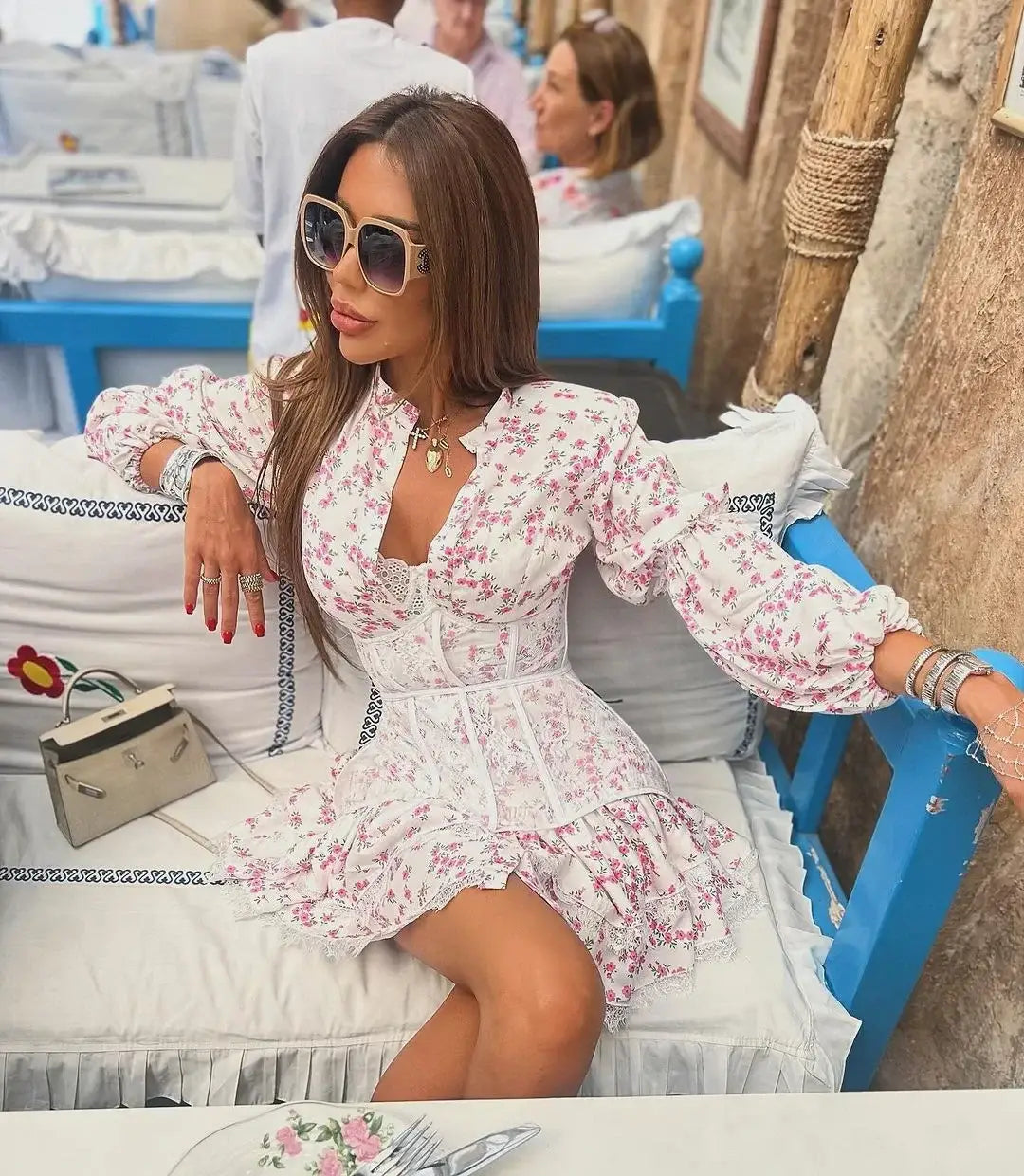 V-Neck Printed Mini Lace Dress Female Ruffled High Waist Long Sleeve
