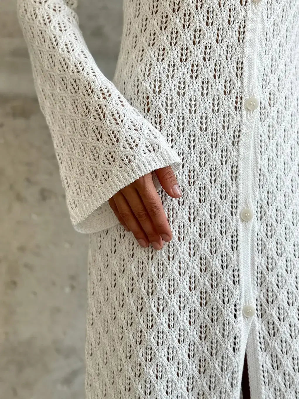 Knit Long Dress Solid Hollow Single Breasted Cardigan