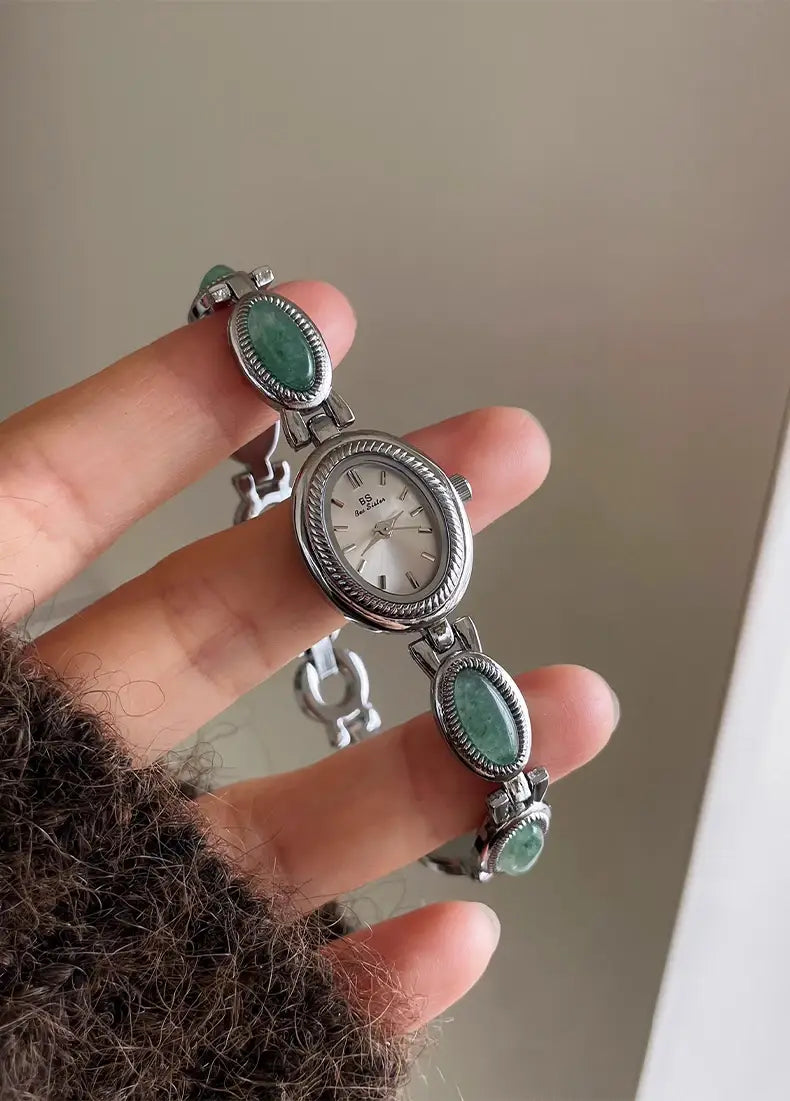 Women’s Watch Natural Premium Jade Gold Silver Bracelet Quartz