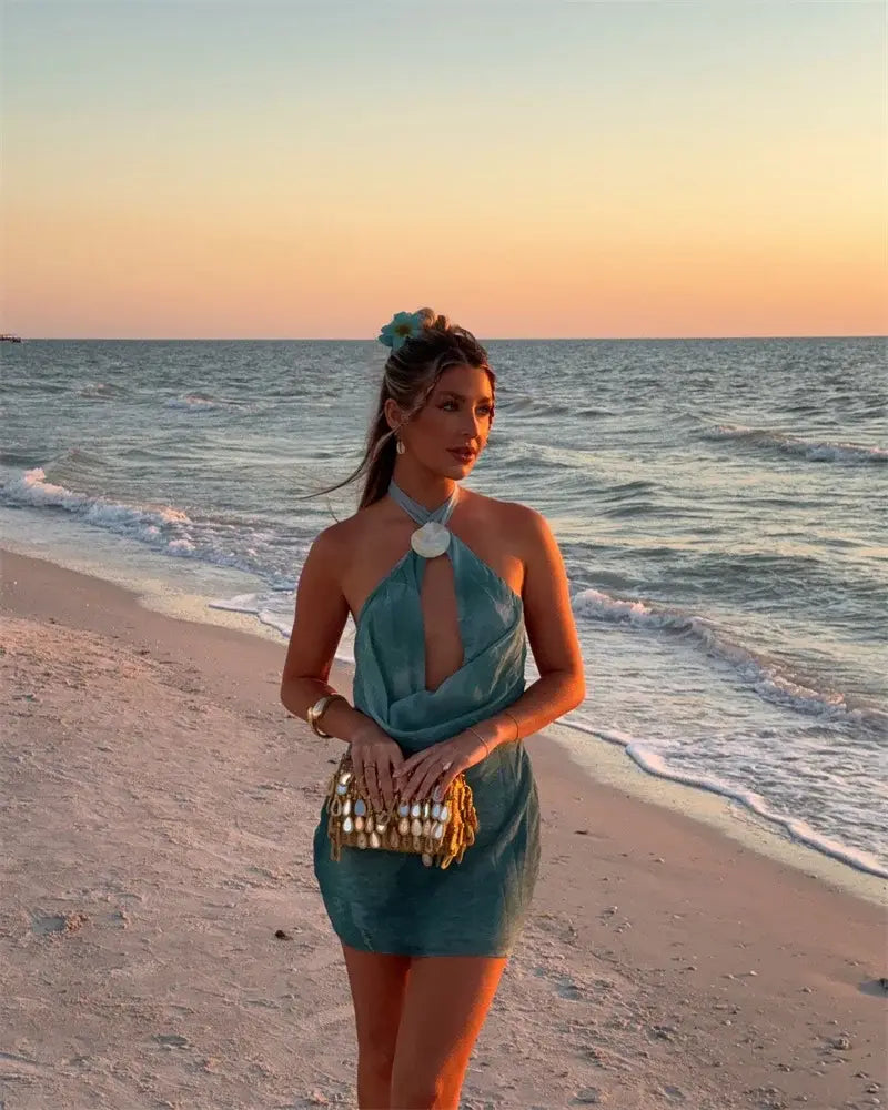 Tie Dye Halter Backless Mini Dress Women