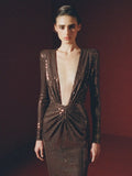 Deep V Neck Long Sleeve Sequins Long Dress Women - Norellé