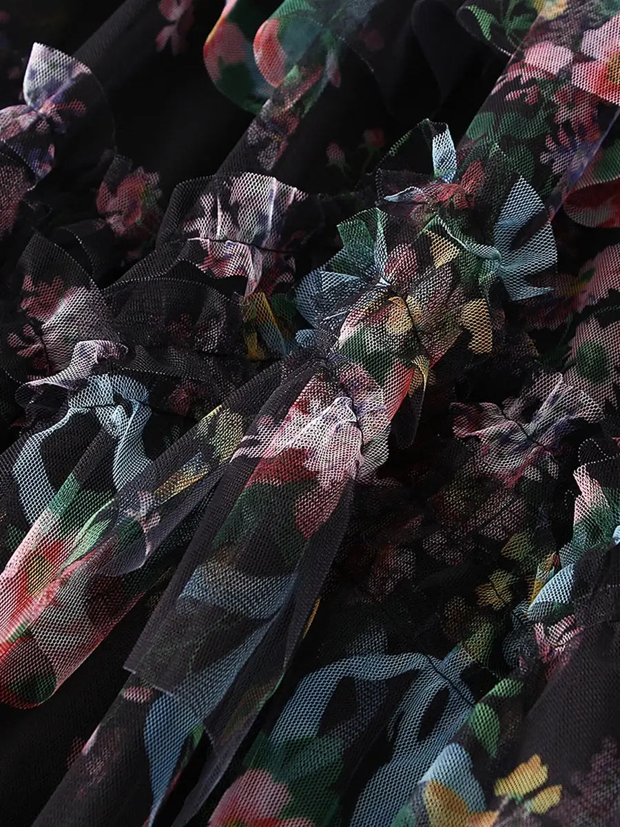 Floral Print Ruffle Mesh Skirt Women