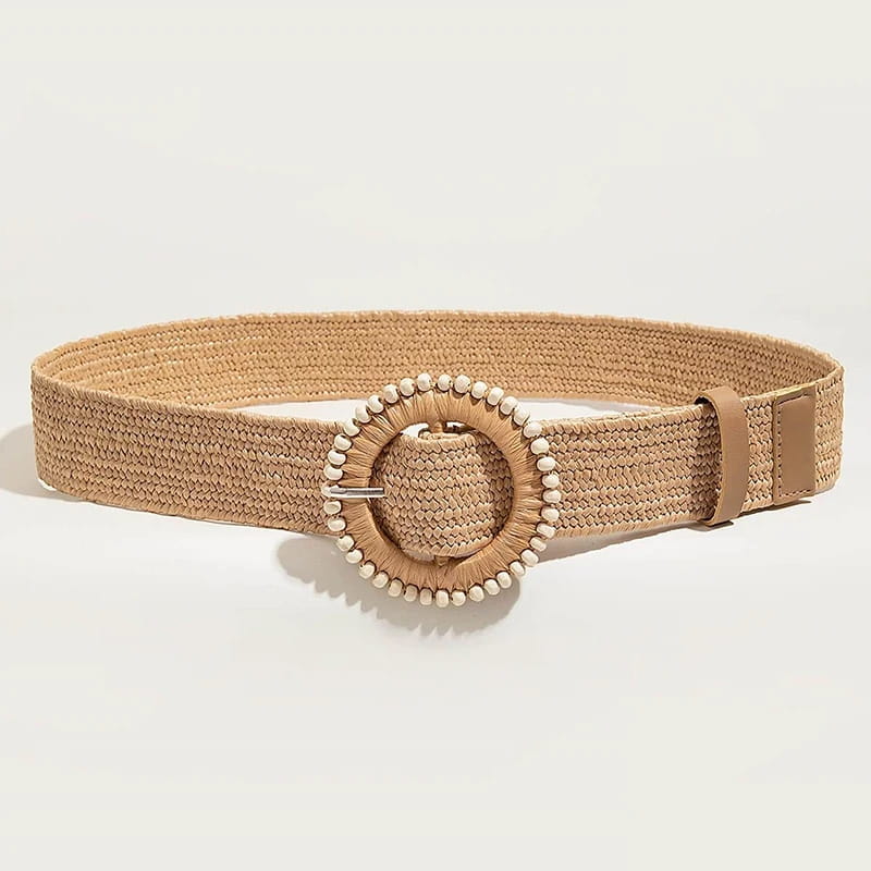 Women Round Buckle Boho Straw Belt