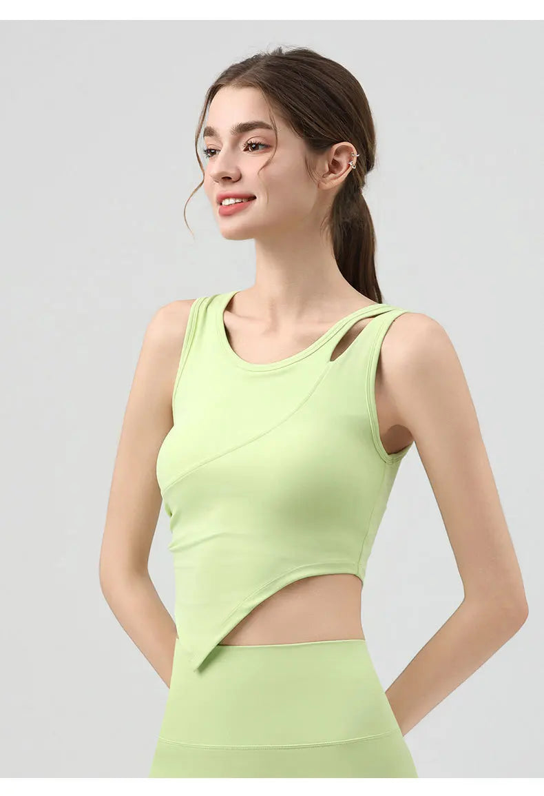 High Strength Women Yoga Irregular Lower Hem Shoulder Hollow Out Tank Top