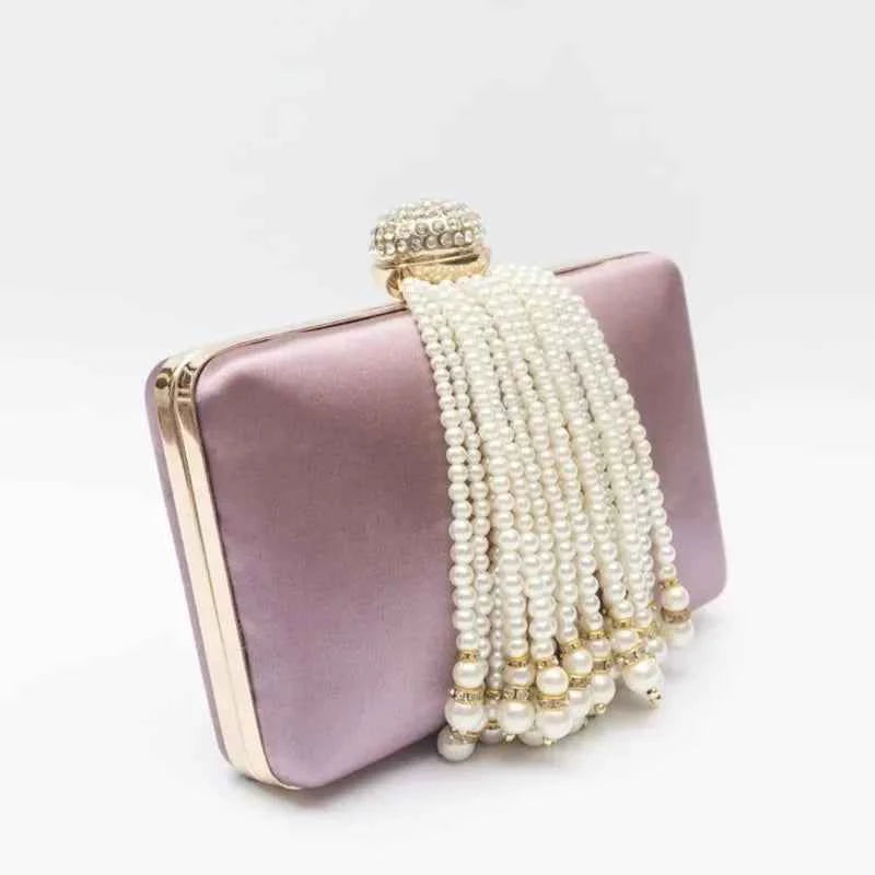 Women Pearl Tassel Satin Evening Bag