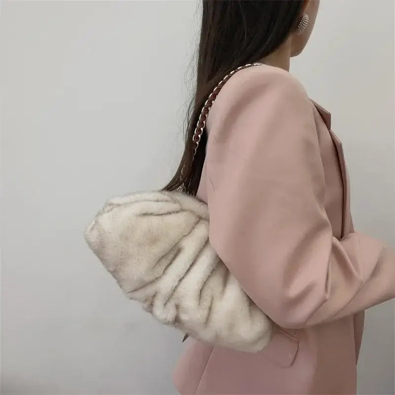 Fashion Faux Mink Fur Ruched Clutch Bag for Women