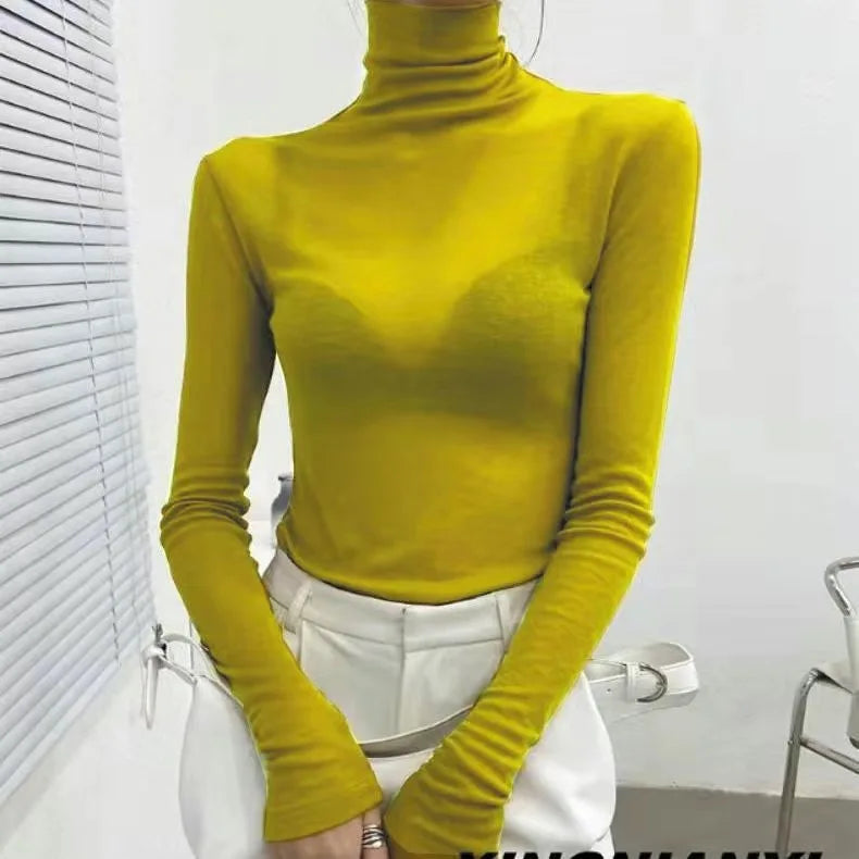 Turtleneck Slim High Quality Plain T Shirt Women