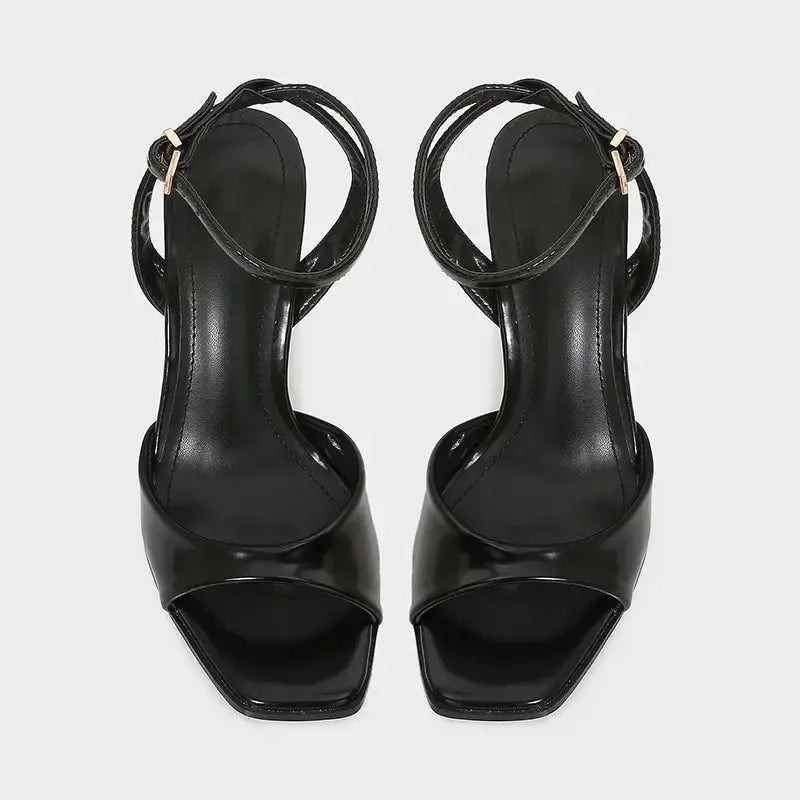 Elegant Patent Leather Ankle Strap Buckle Heeled Sandals