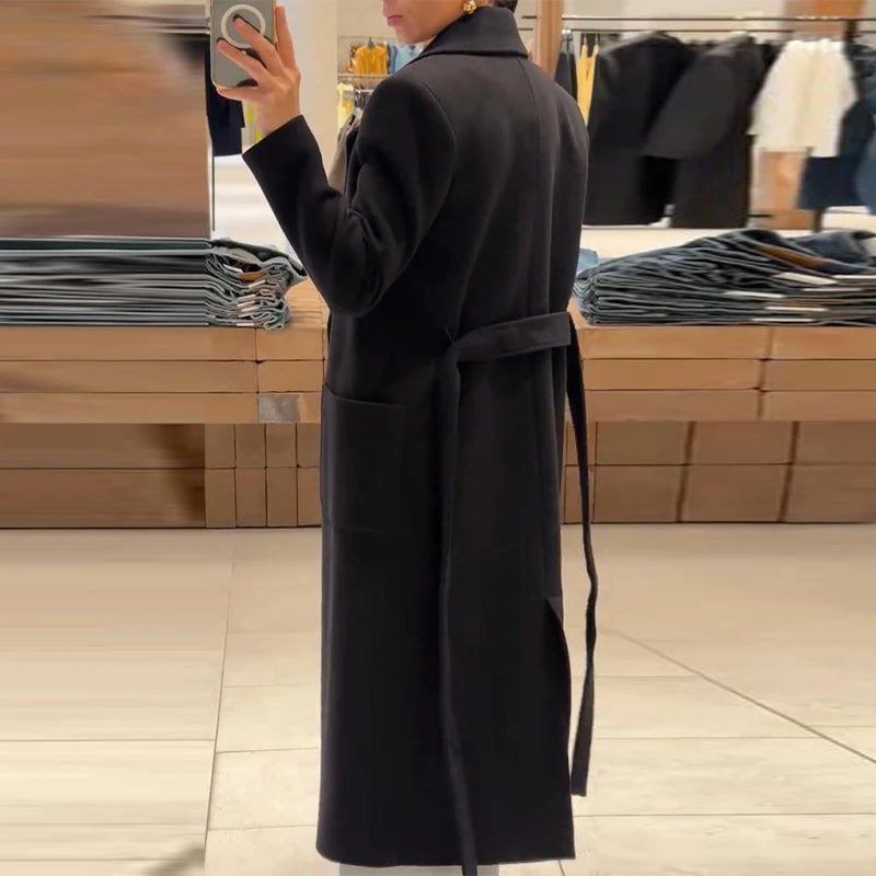 Women’s Overcoat Turn-down Collar Full Sleeve Belt Lace Up Black Long