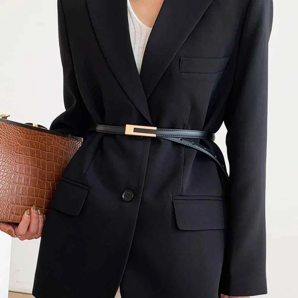 Women Thin Belt Black Gold Silver Metal Buckle Belt