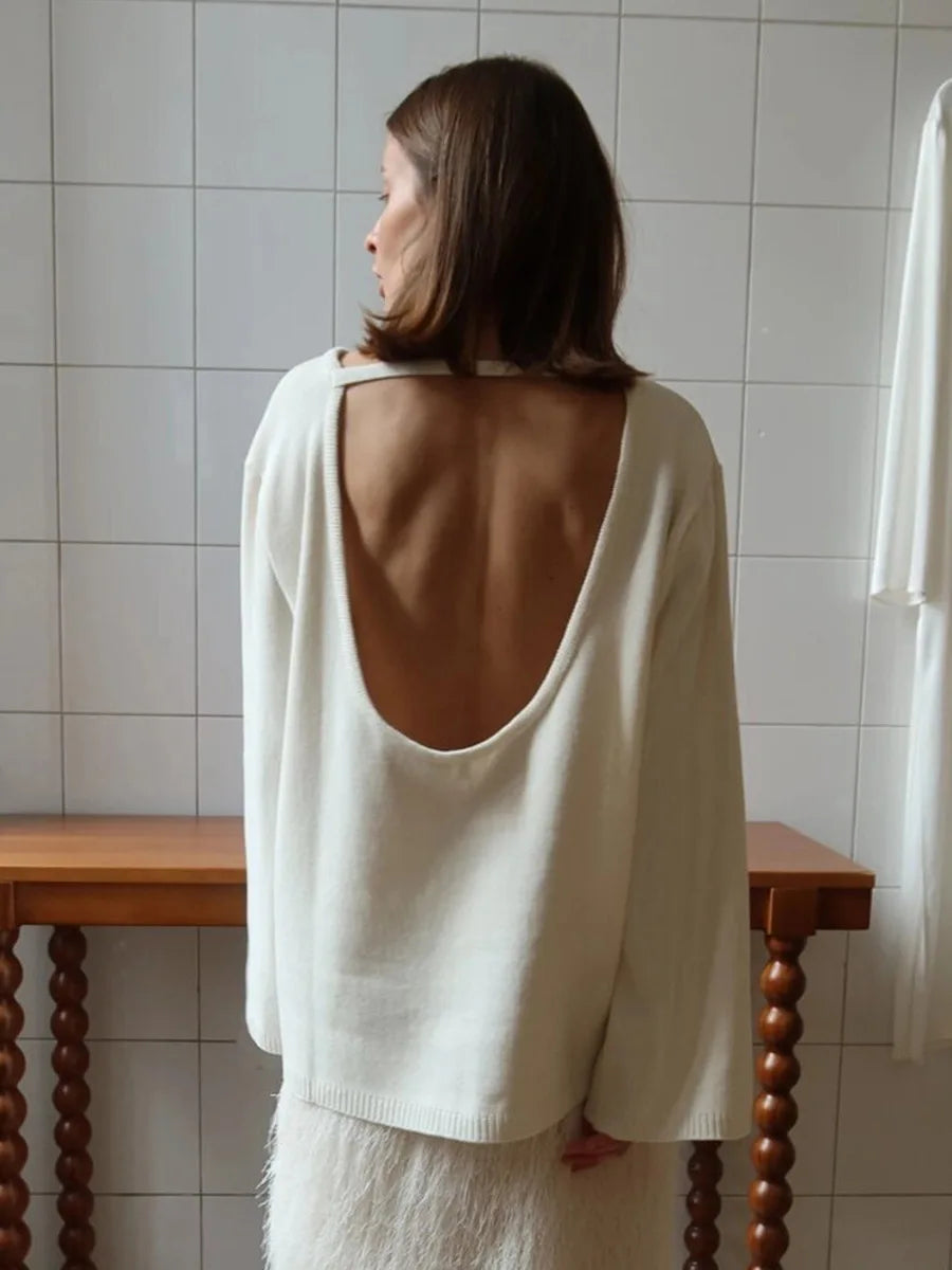 Backless O-neck Cotton Knit Sweater