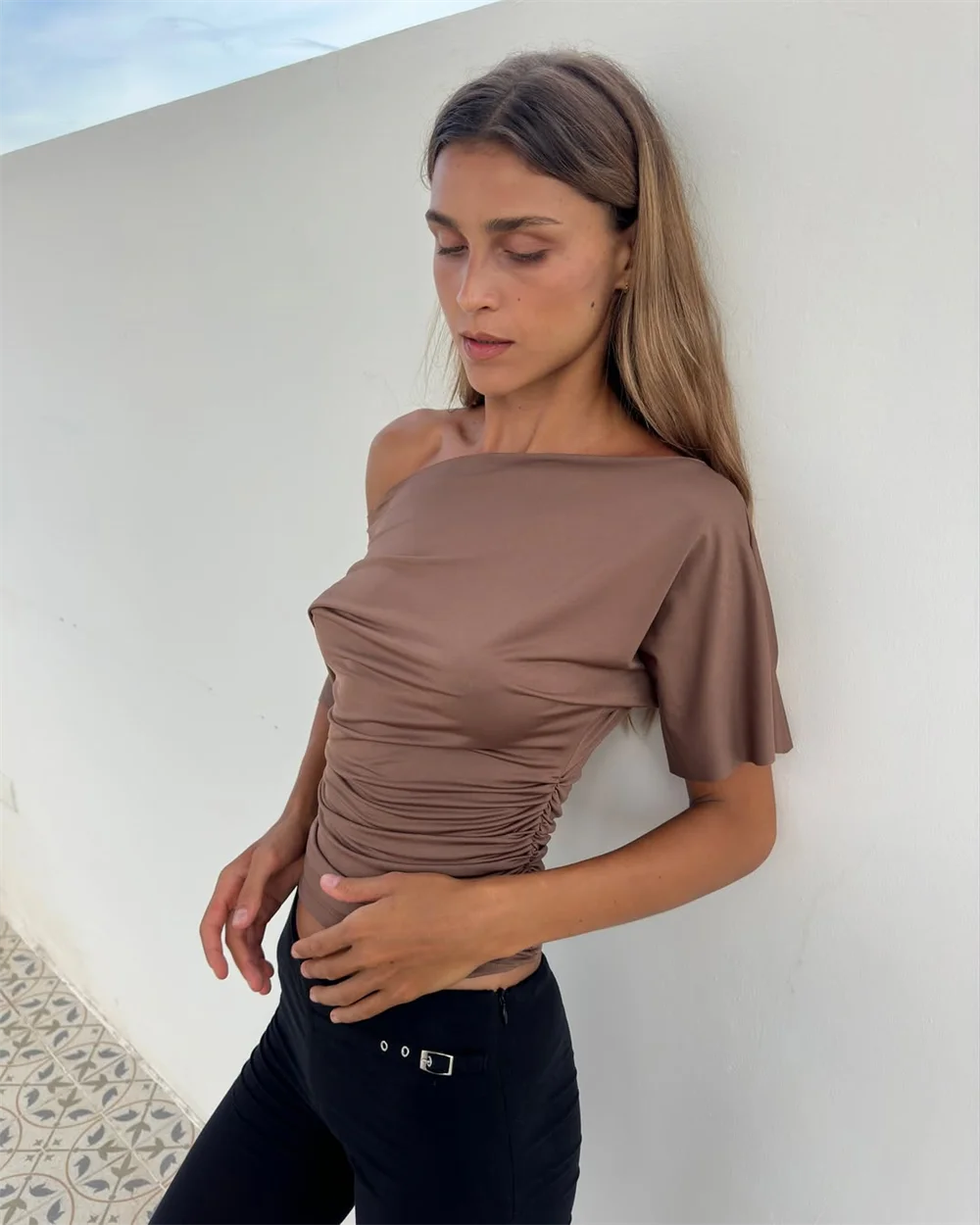 Off Shoulder Ruched Crop Top Women