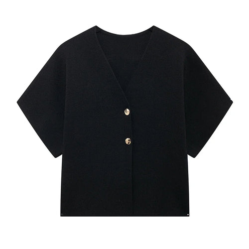 Women Short Sleeve V-neck Casual Solid Knitted Vests Top Two Buttons - Norellé