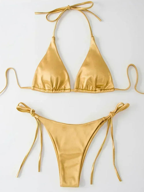 Halter Brazilian Metallic Satin Bikini Women Swimwear Female Swimsuit - Norellé