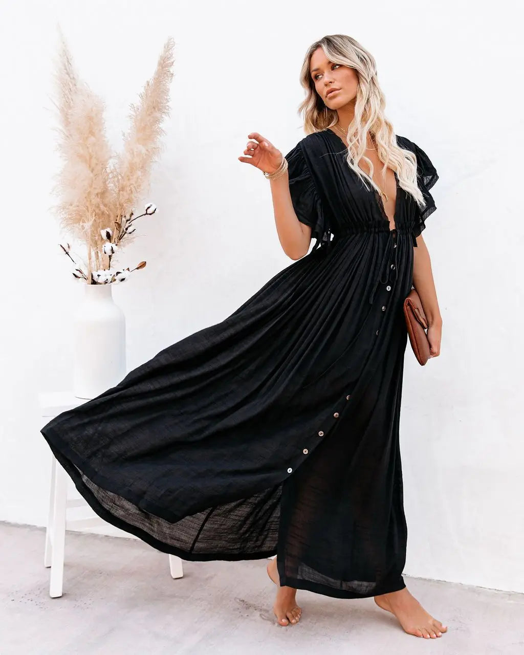 Long Bikini Cover Ups for Women Solid V-Neck Kimono Beach - Norellé
