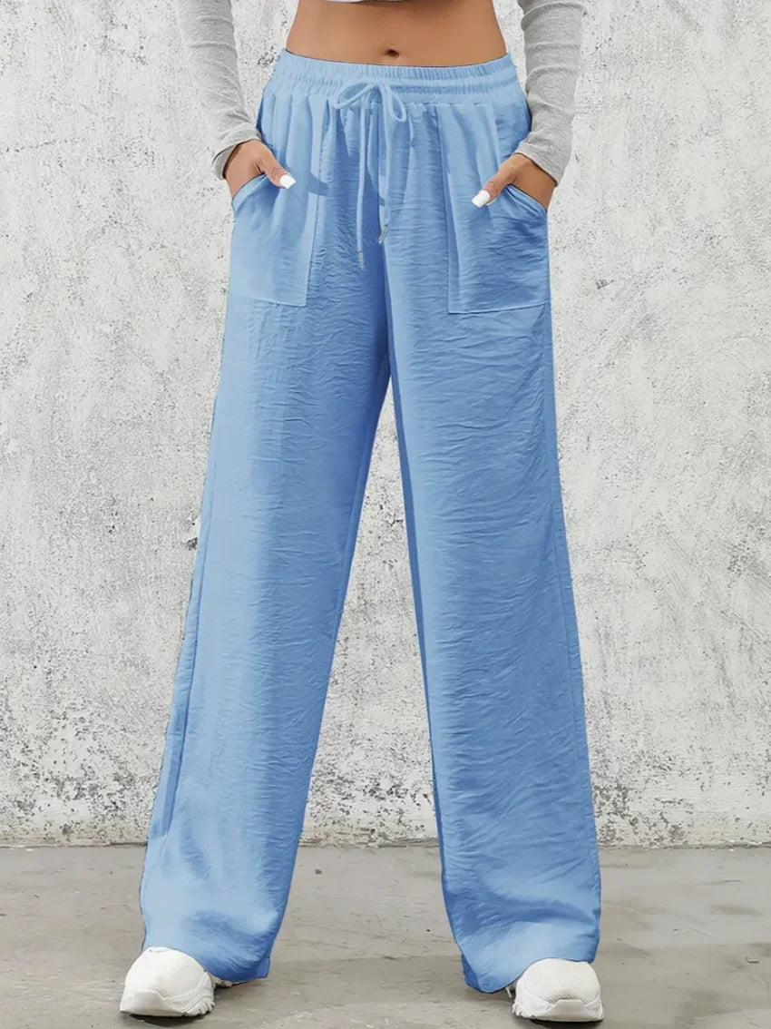 Solid Drawstring Wide Leg Pants