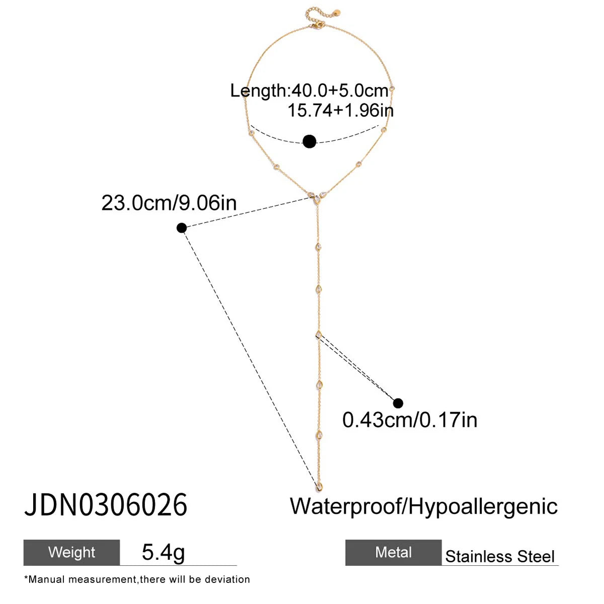 Stainless Steel Water Droplet Shaped White Zircon Y-shaped Chain