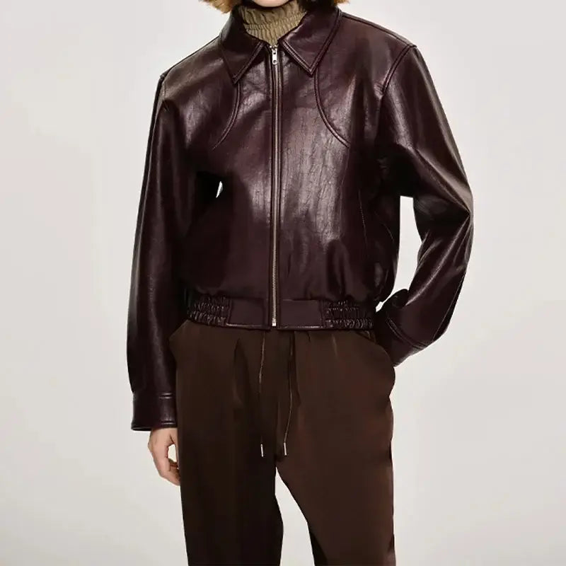 Vintage Wine Red Loose Short Leather Jacket Women