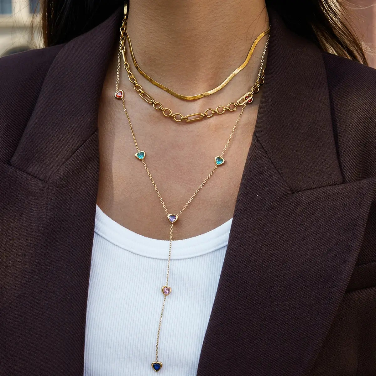 Heart Shape Colored Zircon Y-Shaped Chain Necklace Stainless Steel